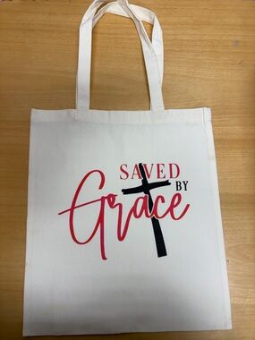#21 Christian Saved by Grace White Canvas Tote with Red Script